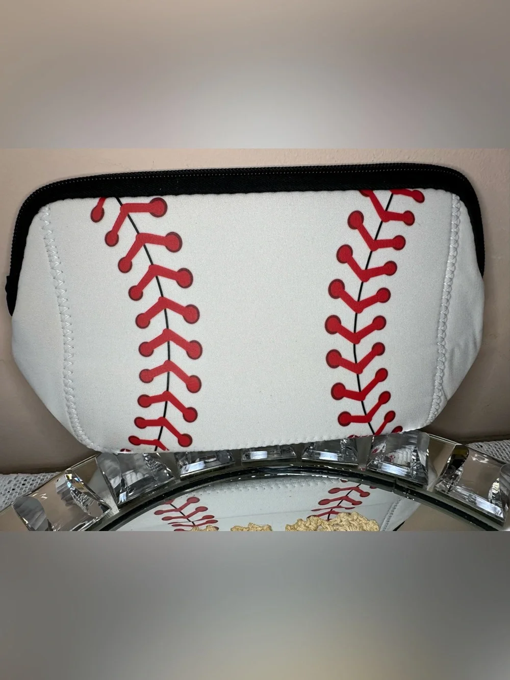 White & Red Baseball Stitch Cosmetic Pouch